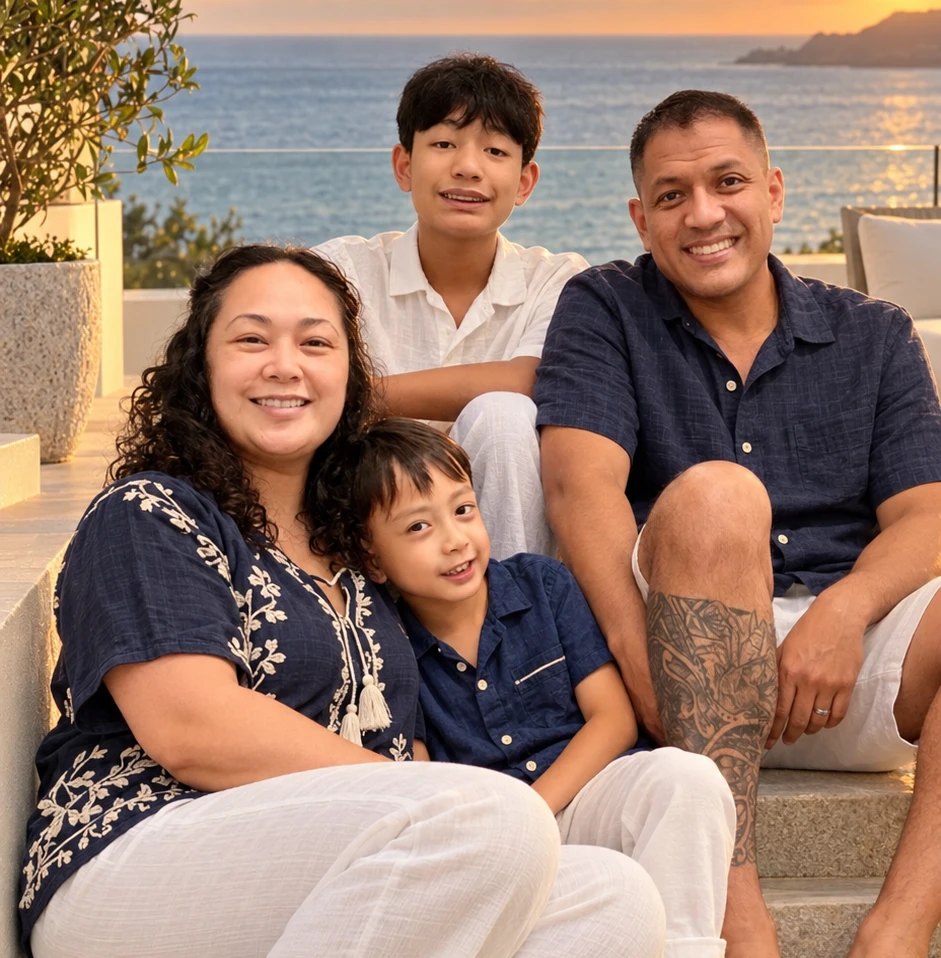 The Naputi family, Vanessa, Vince and their two sons, smiling together on stone steps above the sea at sunset.